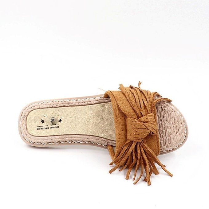 Mules plates à franges Camel