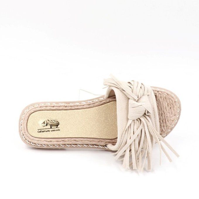 Mules plates à franges crèmes