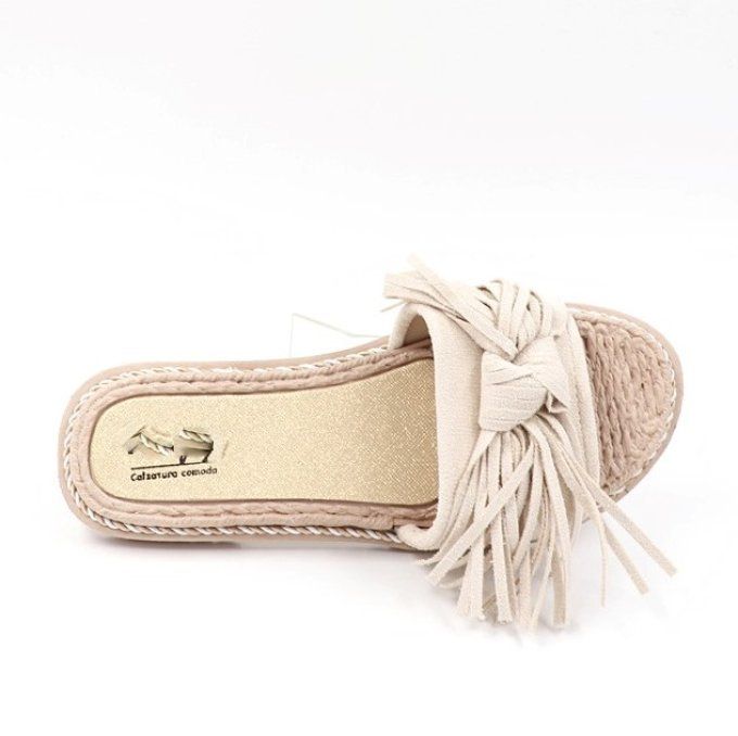 Mules plates à franges crèmes