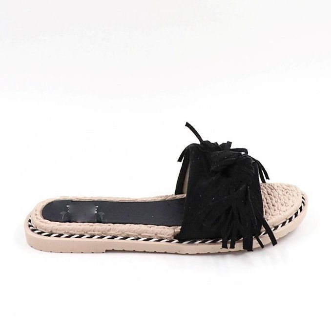 Mules plates à franges Noires