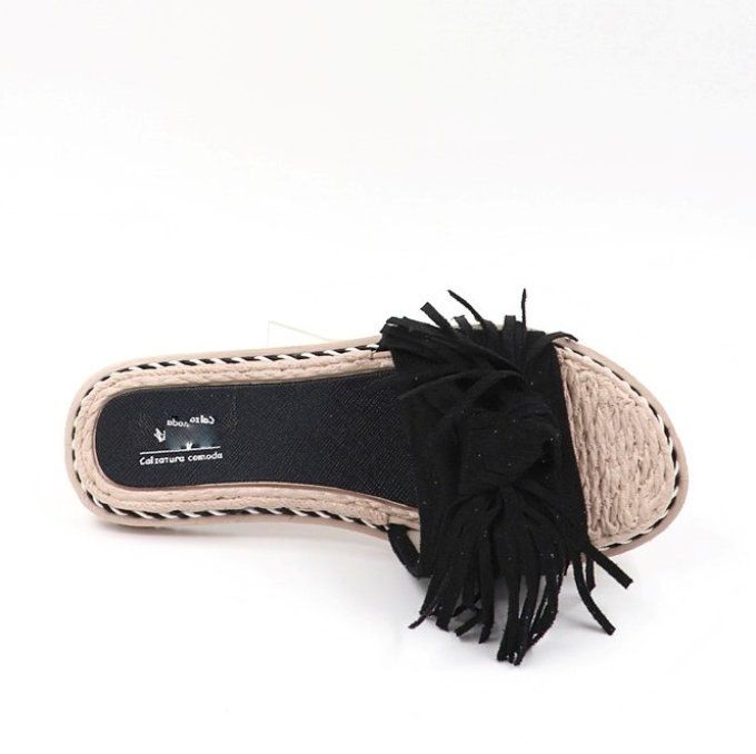 Mules plates à franges Noires