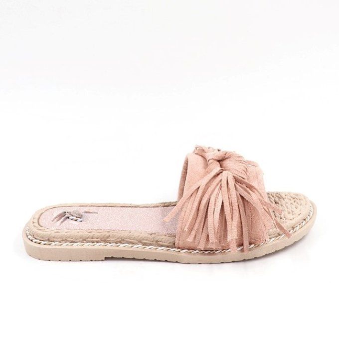 Mules plates à franges roses poudrées
