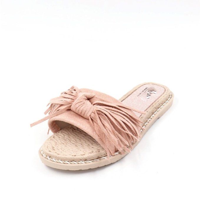 Mules plates à franges roses poudrées