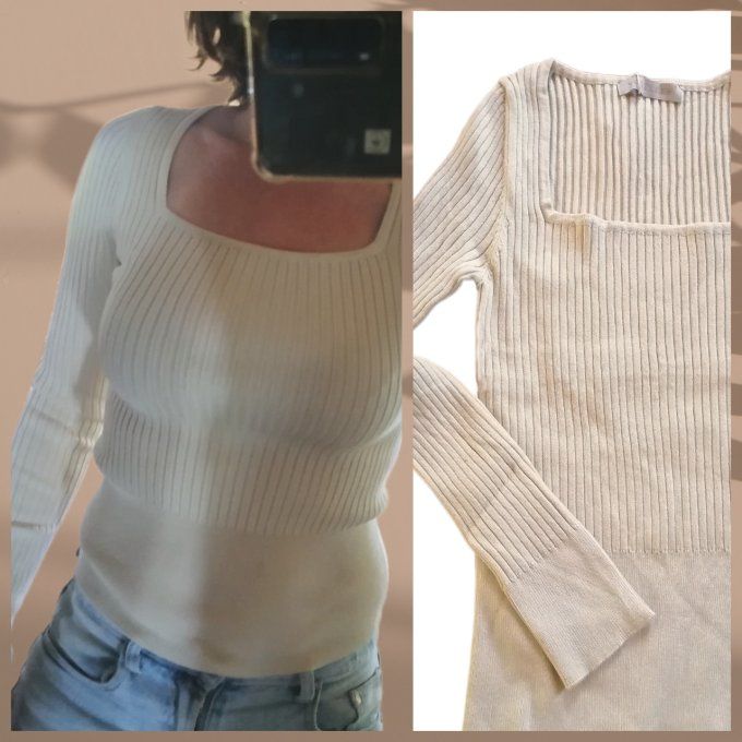 Pull fin court côtelé Vanille