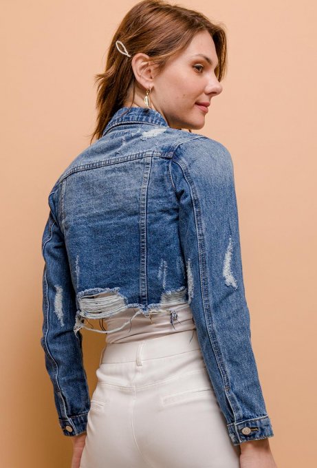 Micro veste en jean destressed