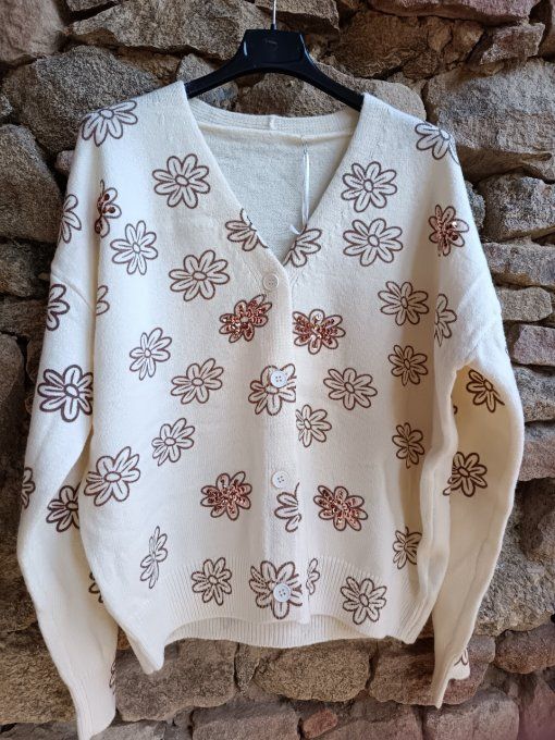Cardigan Fleurs Ecru